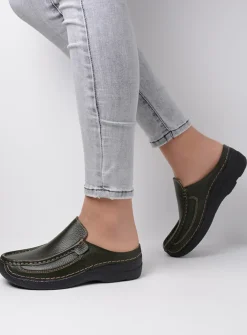 Slippers|Klompen<Wolky Roll Slide - forestgroen leer forestgroenleer